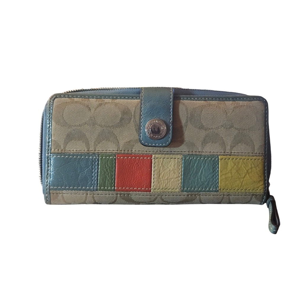 Coach Signature Striped Zip Around Wallet Beige Blue‎ Leather